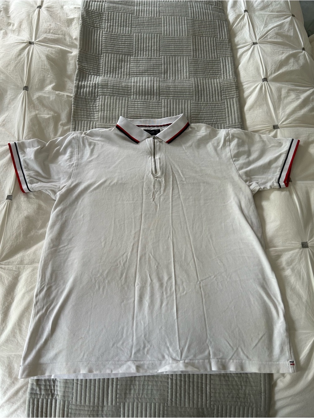Denim & Flower White Quarter Zip Polo with Red & Navy Trim